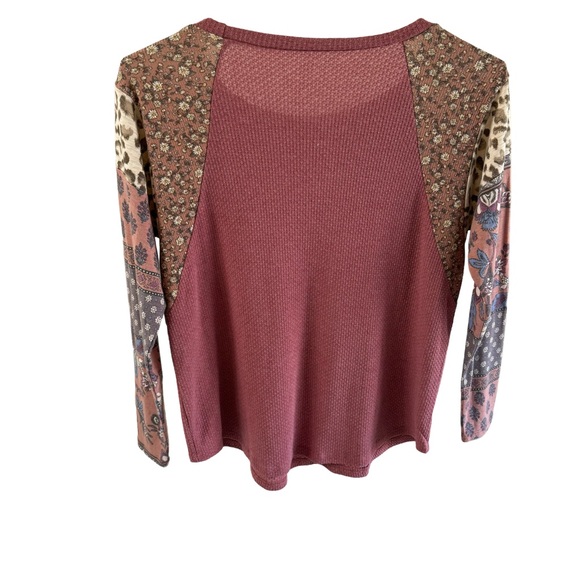 Color Block Floral Leopard Print Raglan Waffle Knit Long Sleeve Mauve Top - Picture 2 of 7
